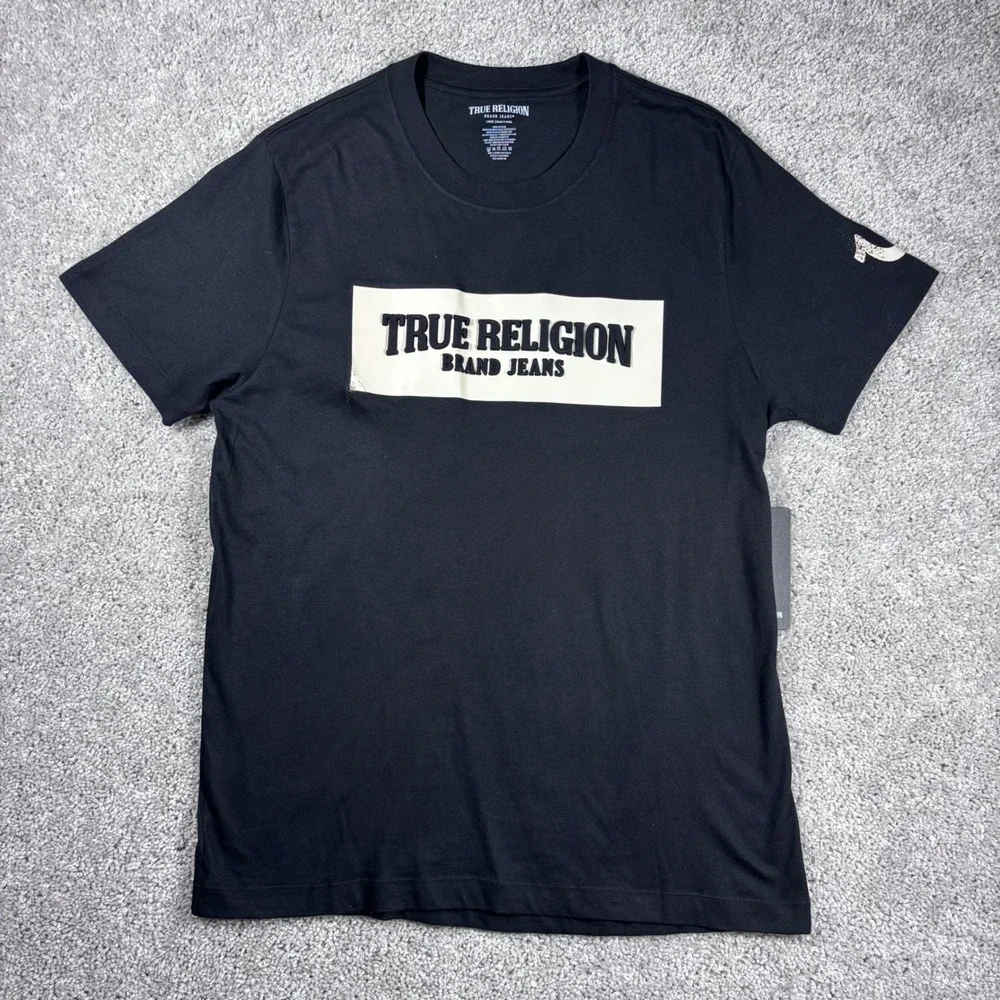 True Religion Brand Jeans Embossed Box Arch SS Tee T-Shirt Black‎ Mens Large